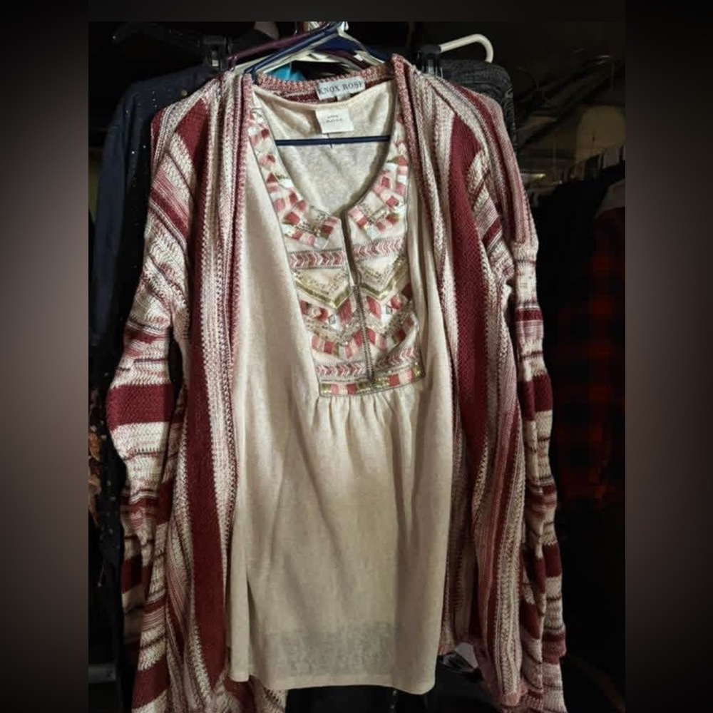 Knox Rose Cream and Burgundy Striped Open Cardigan with Embroidered  tank Top